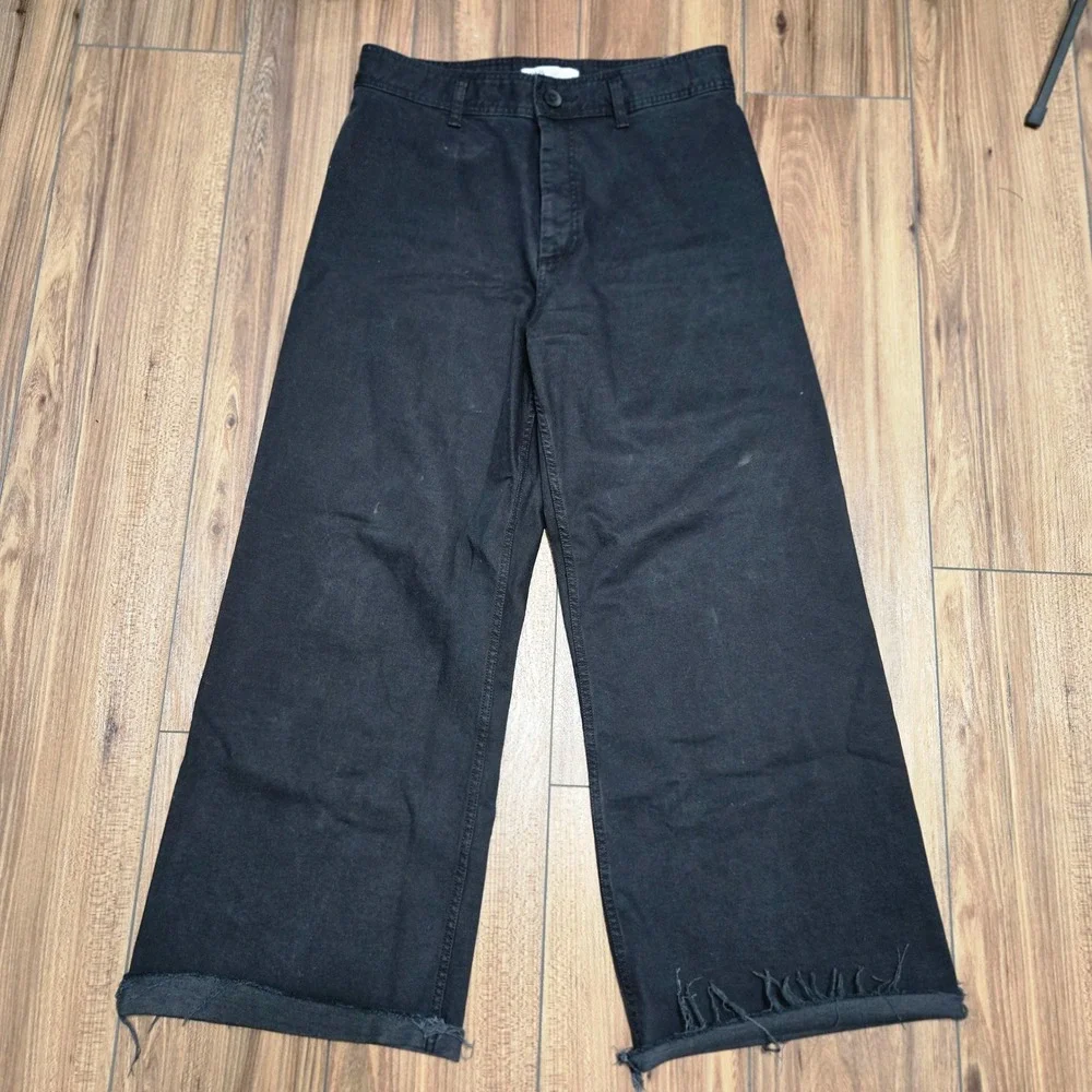 Zara Black High Rise Wide Leg Jeans Raw Hem Frayed size 14 32in